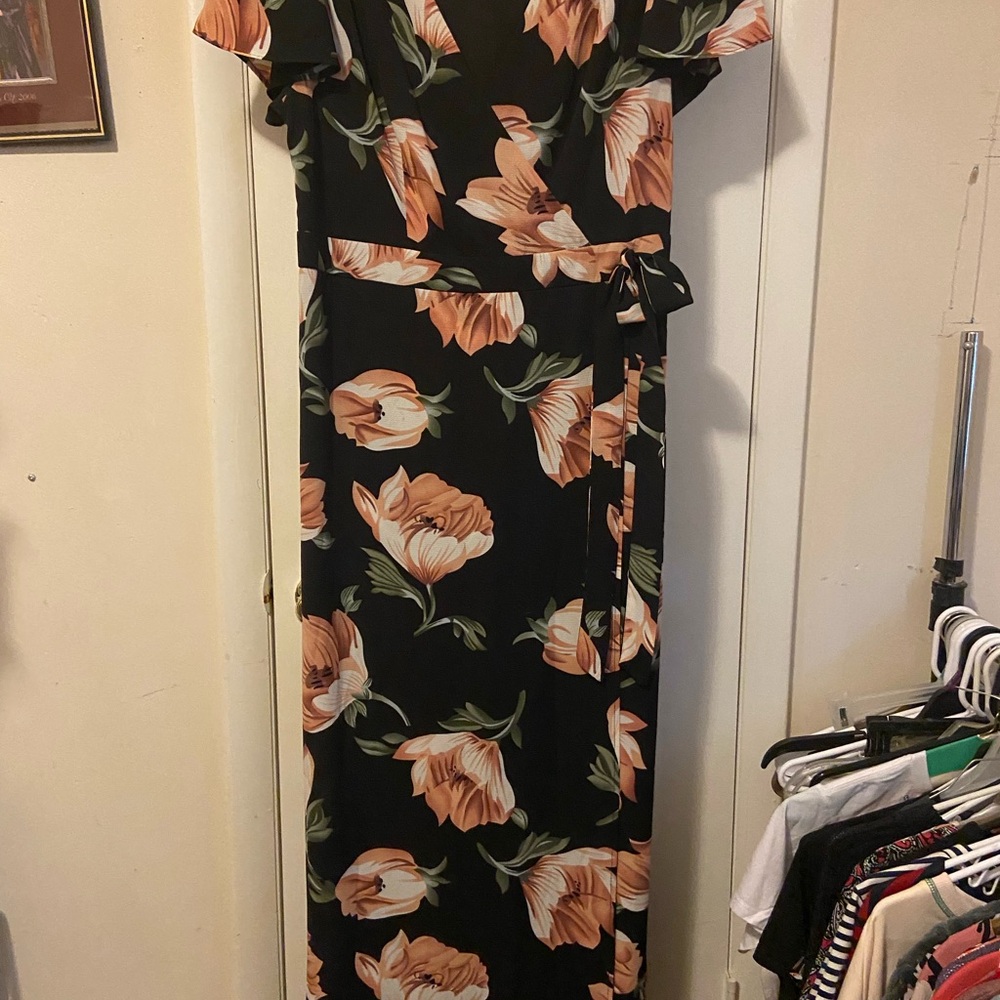 Black Floral Maxi Dress with Peach Blooms - Tie Waist